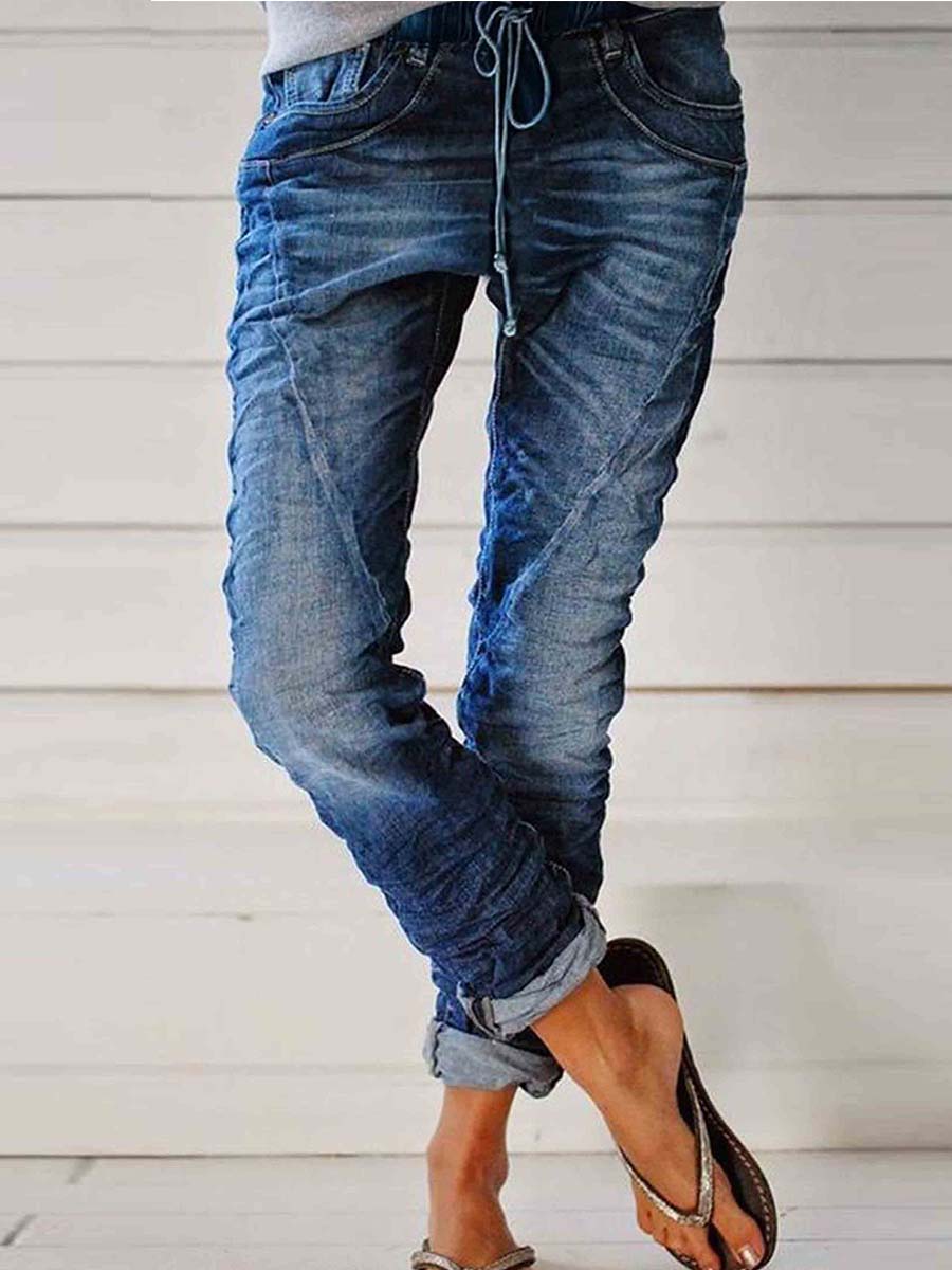Retro Pocket Drawstring Self-tie Jeans