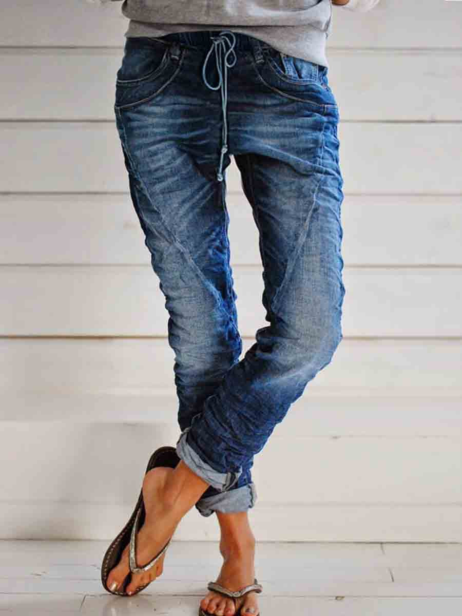 Retro Pocket Drawstring Self-tie Jeans