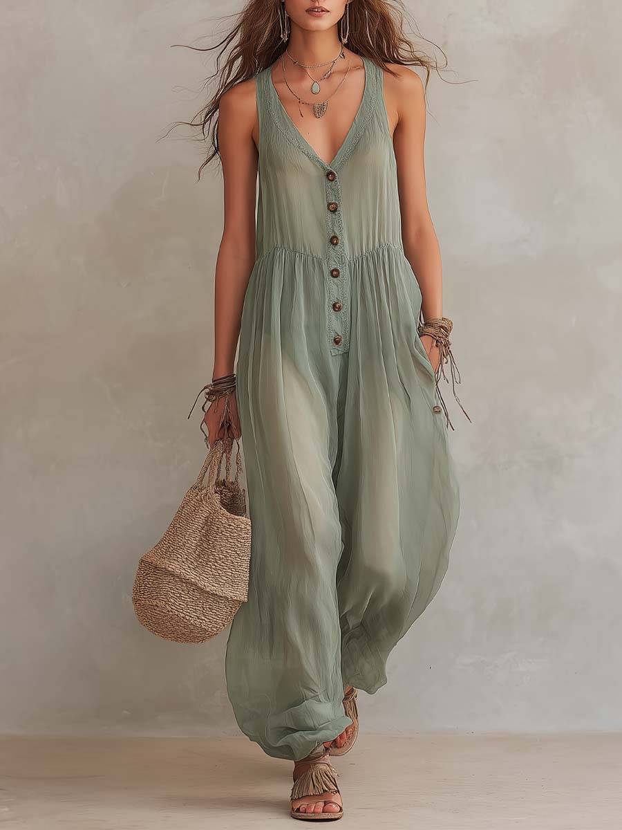 Retro-style Buttoned Chiffon Wide-leg Jumpsuit