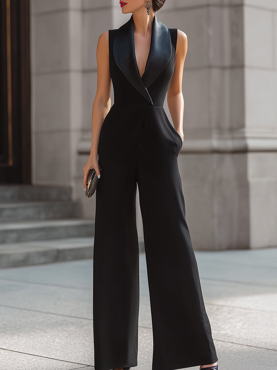 Sleek Black Tuxedo Sleeveless Wide-Leg Jumpsuit