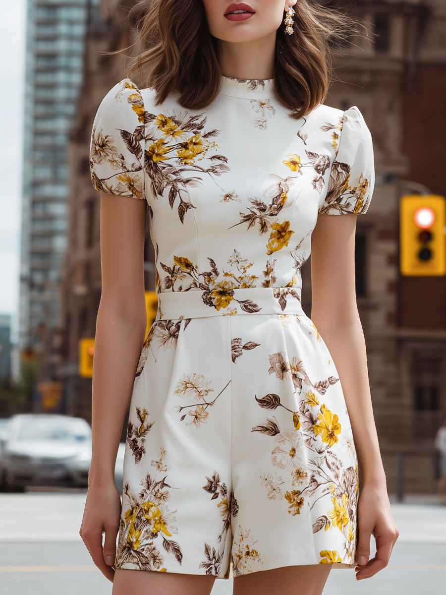 Floral Short Puff-Sleeve Tailored Romper