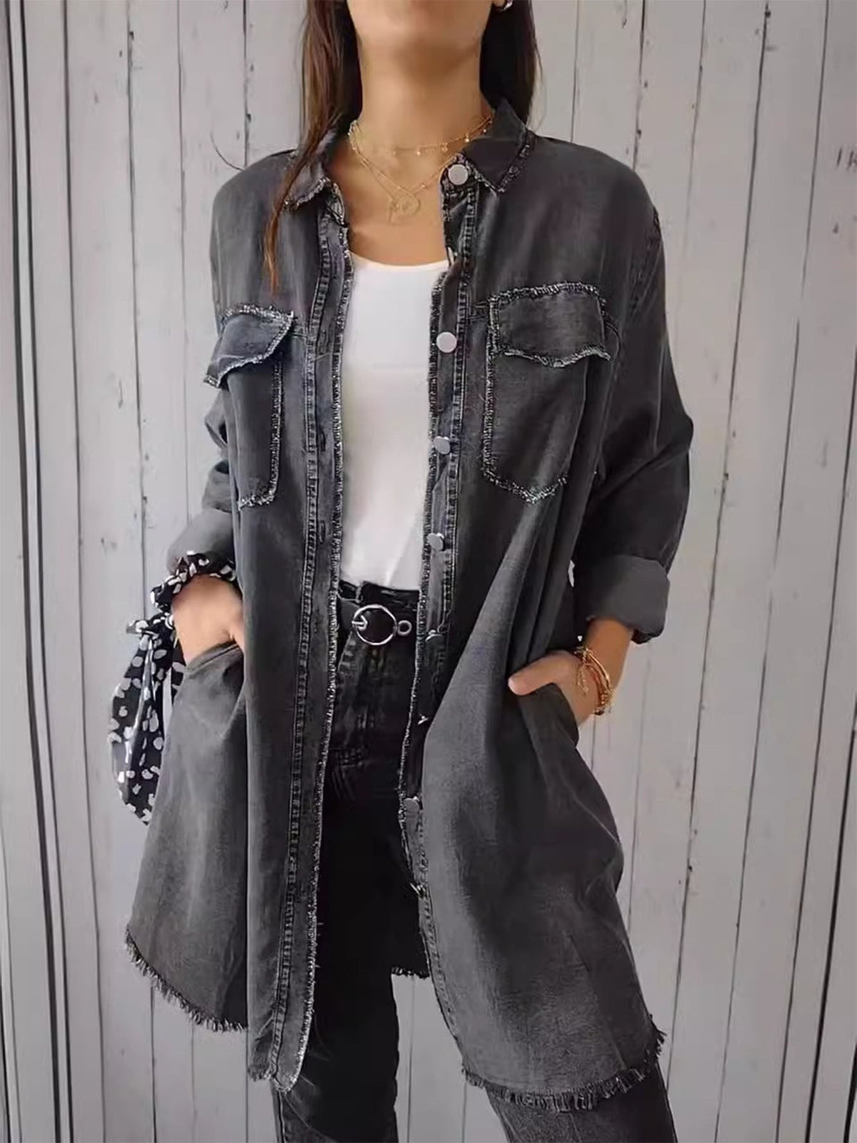 Washed Denim Lapel Coat
