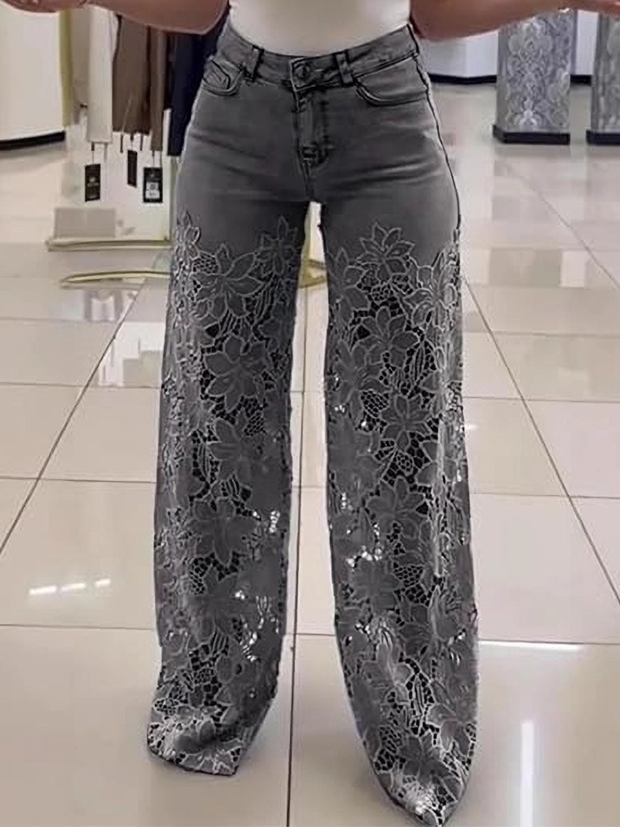 Floral Lace Cutout Jeans