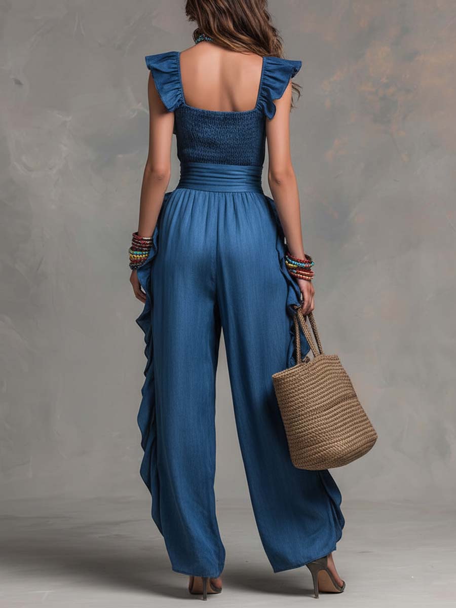 Boho-Vintage Elegant Tencel Faux-Denim Ruffle Wide-Leg Jumpsuit