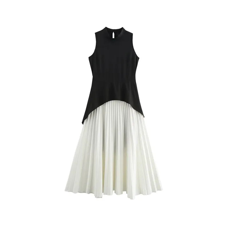 Women's 2025 Autumn New Style French Stand-Up Collar Sleeveless Color-Contrast Pleated Patchwork Elegant Dress
