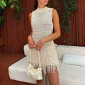 OEM ODMCustomized logo beach knitted vest dress with tassels and sleeveless round neck cutout dress