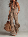 Boho Vintage Ruffle-Hem Cotton Jumpsuit