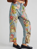 Elegant Floral Cat Ripped Denim Straight Leg Jeans