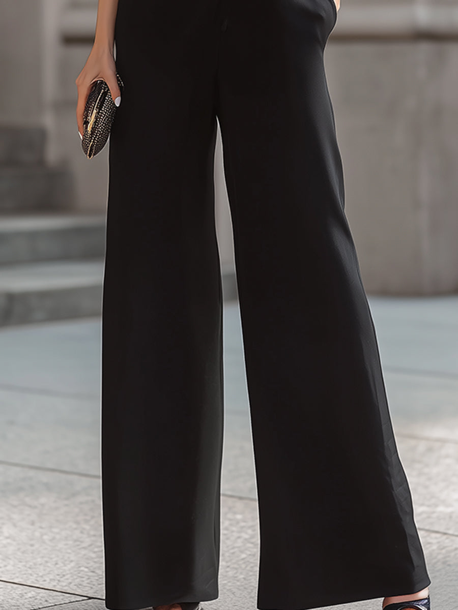 Sleek Black Tuxedo Sleeveless Wide-Leg Jumpsuit