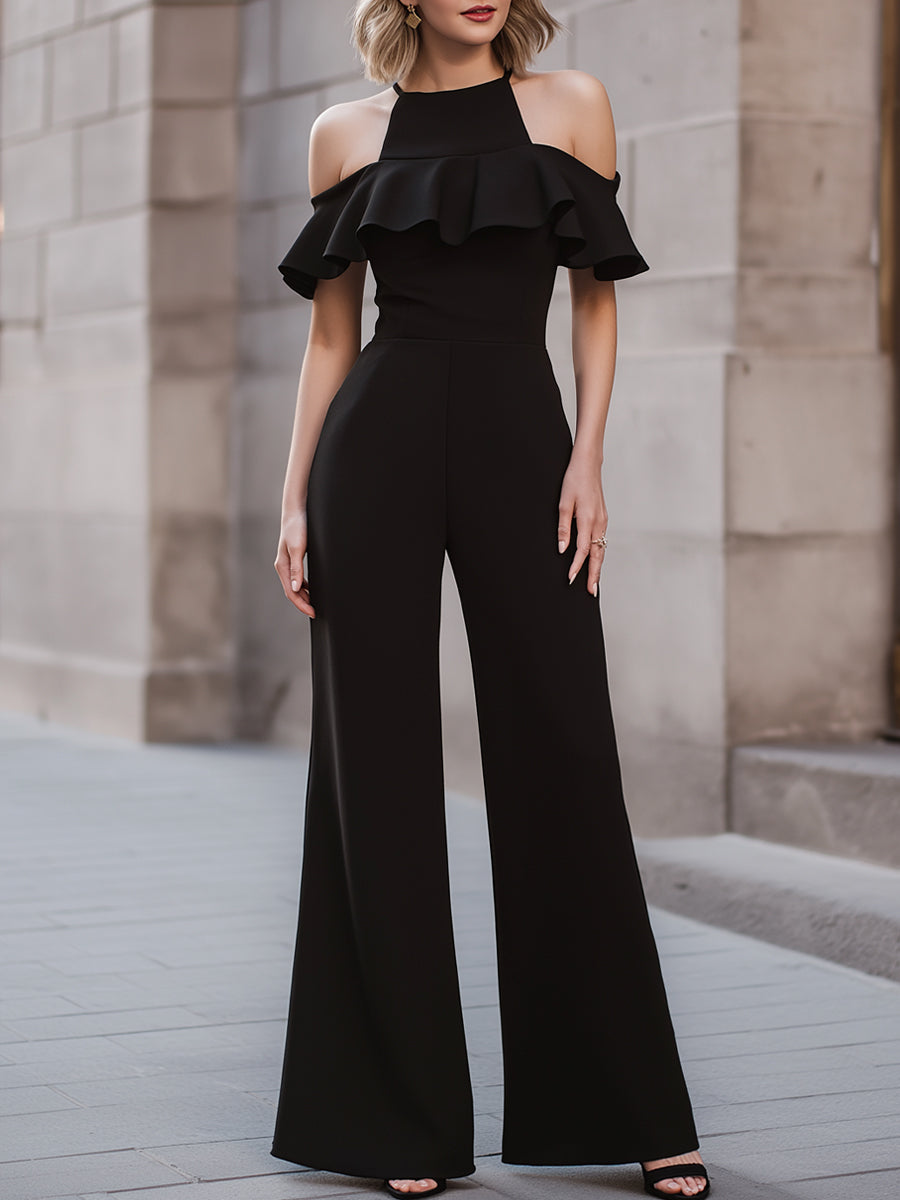 Cold-Shoulder Ruffle Bodice Wide-Leg Jumpsuit